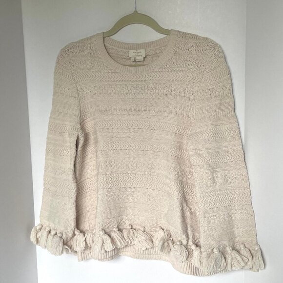 Kate Spade Cotton Sweater Womens Medium Beige Pompom Hem Crewneck Chunky Knit - Picture 4 of 10
